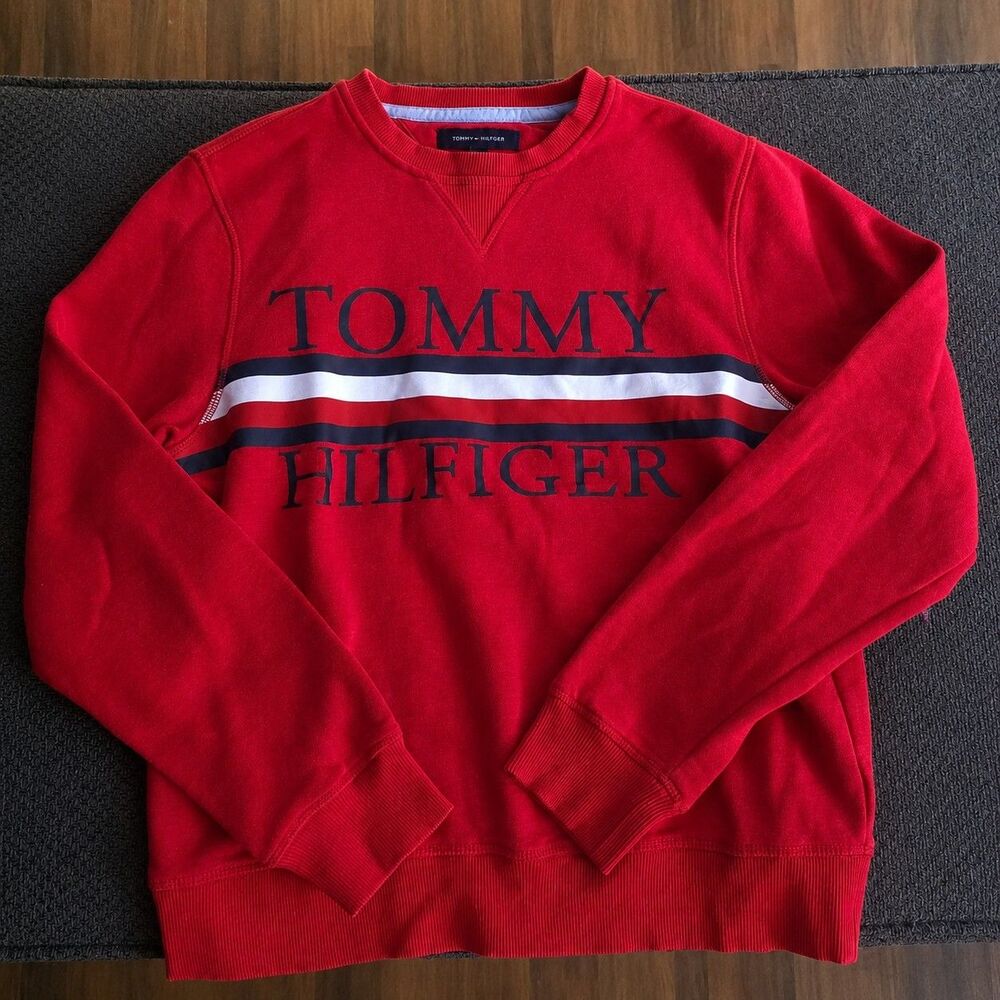 Tommy Hilfiger Men’s Red Crewneck Sweatshirt Logo PulloverSz SMALL